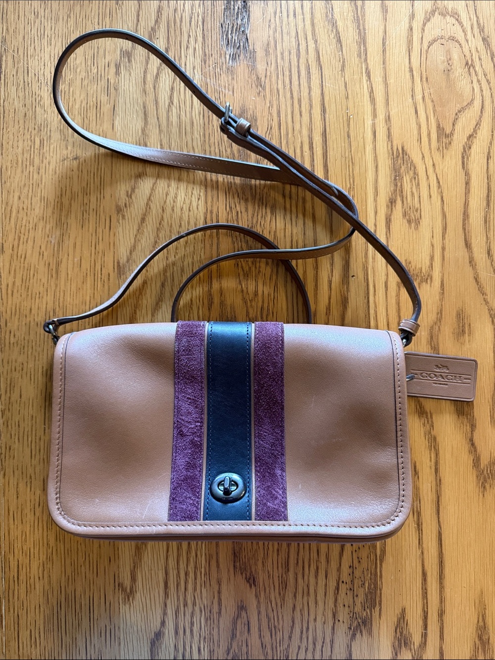Coach Tan Leather Crossbody with Purple Suede and Black Center Stripe